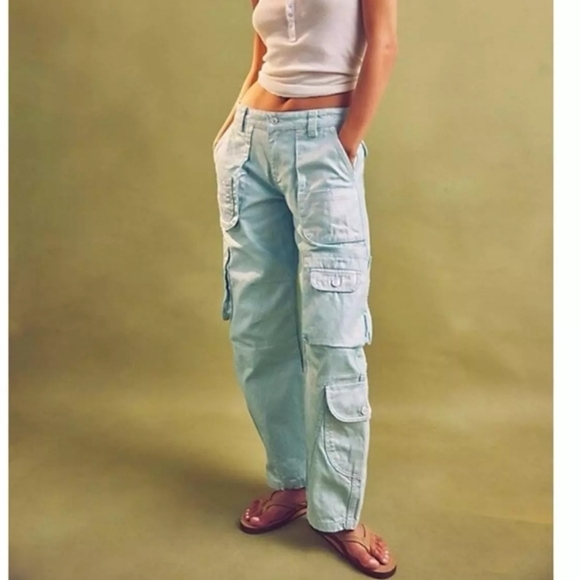 Free People We The Free Lap Of Luxury Barrel Cargo Jeans Aquamarine